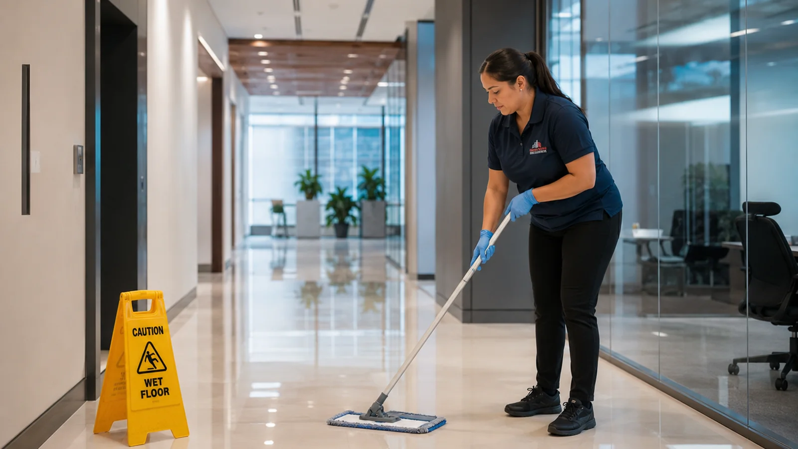 Commercial cleaner mopping a bright office hallway